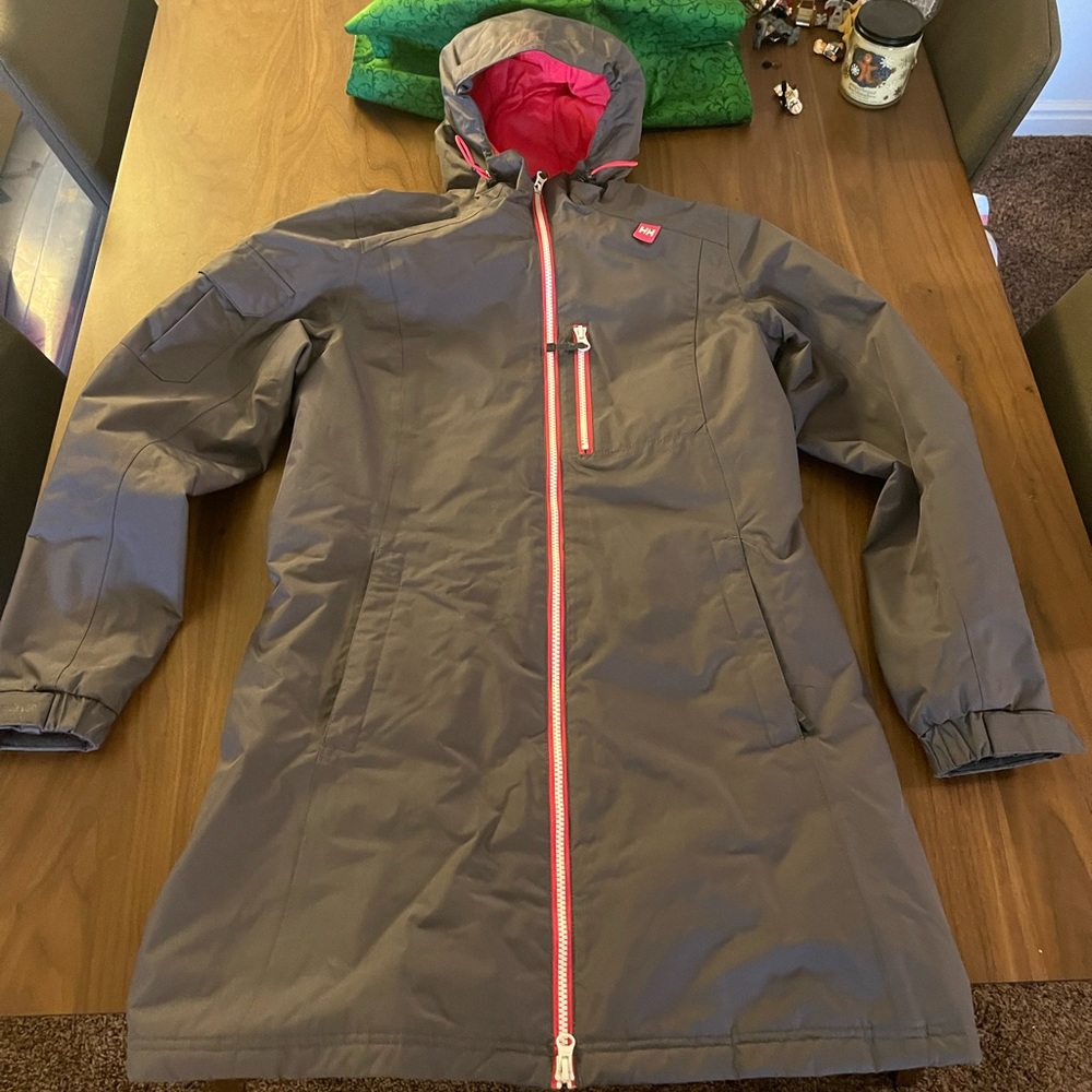 Helly Hansen jacket, size S, color gray and pink, and jacket is long